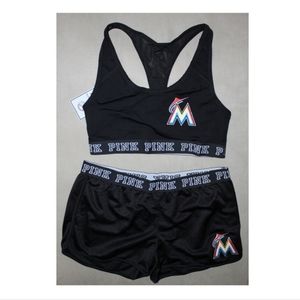 MIAMI MARLINS Victoria's Secret Shirt Sports Bra Top MLB Shorts Set Black